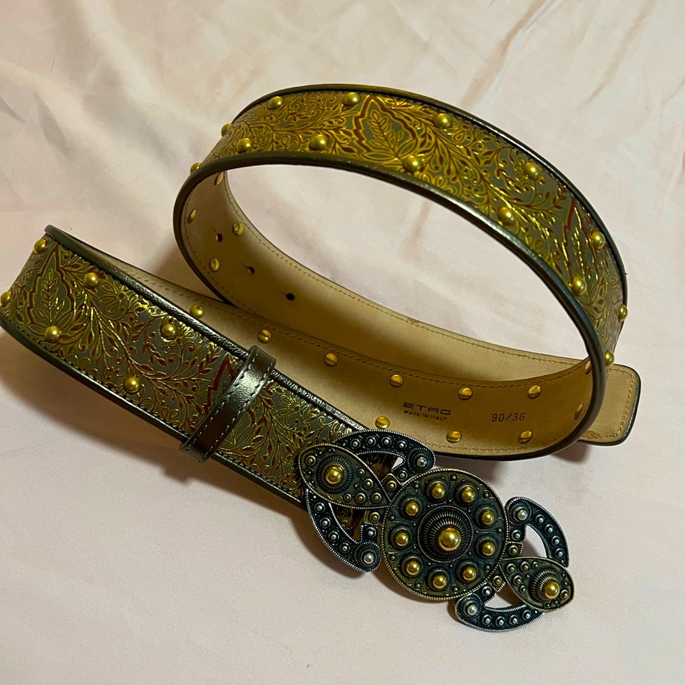 Etro Metallic Leather Studded Belt